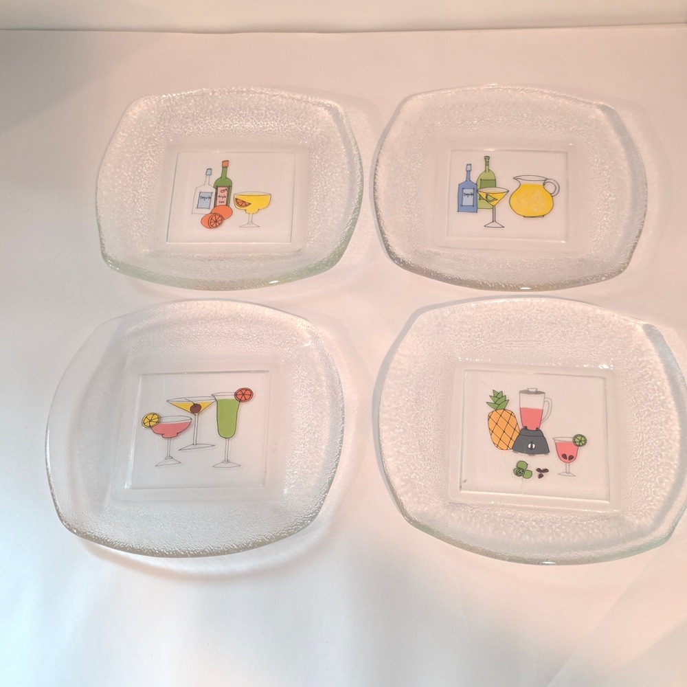 Set of 4 Vintage‎ Cocktail Glass Appetizer Plates Wine Cheese 8" Square Barware